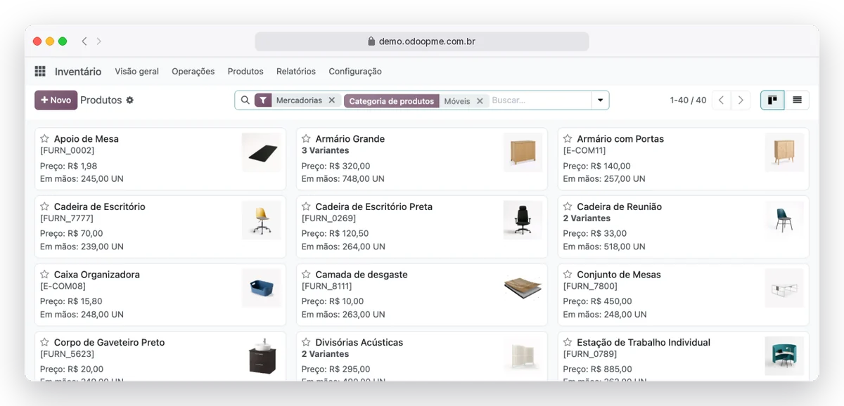 Catálogo de produtos do Odoo90 com preço e quantidade em estoque