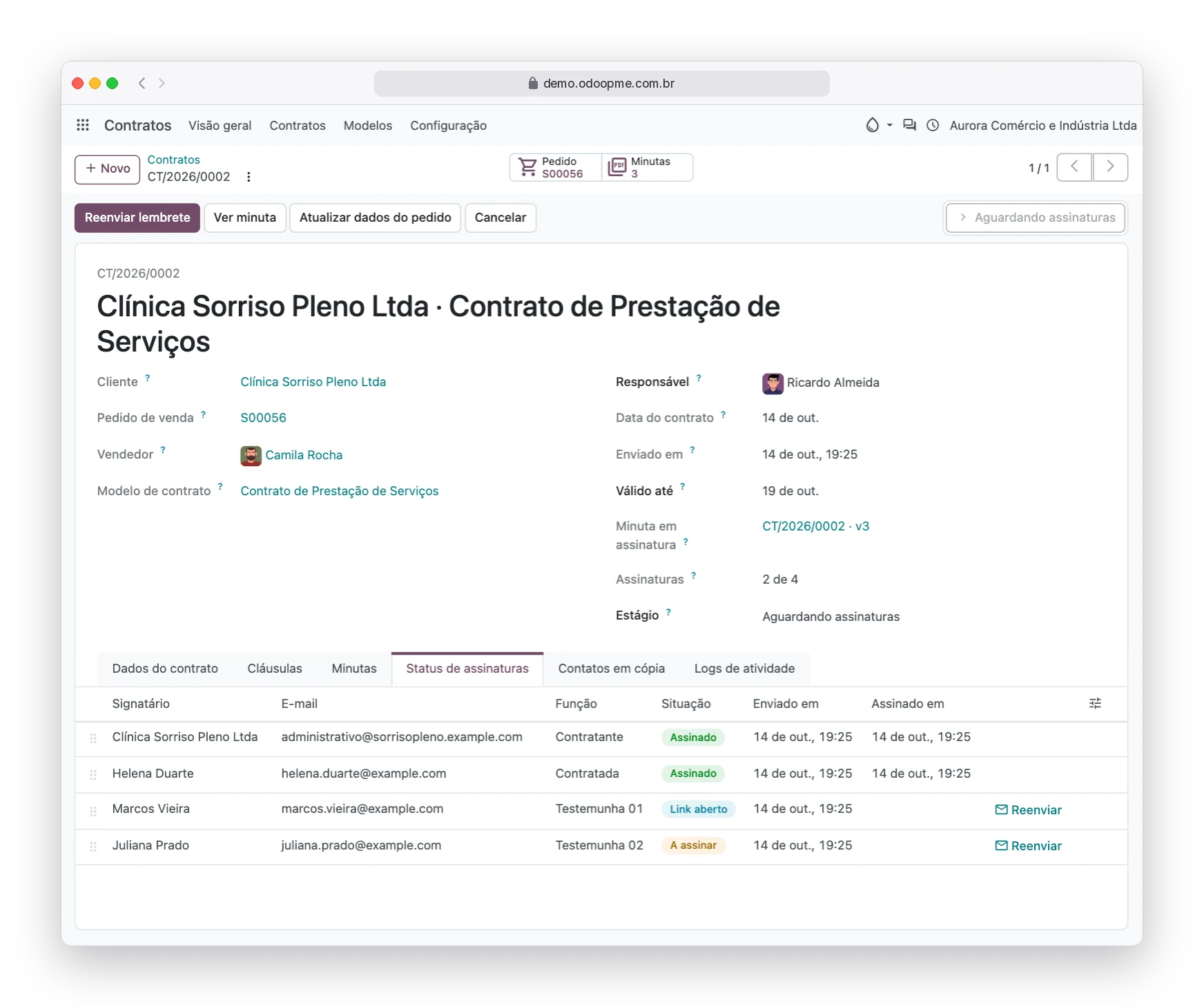 Status de assinaturas do contrato no Odoo90 com signatários assinados, link aberto e a assinar