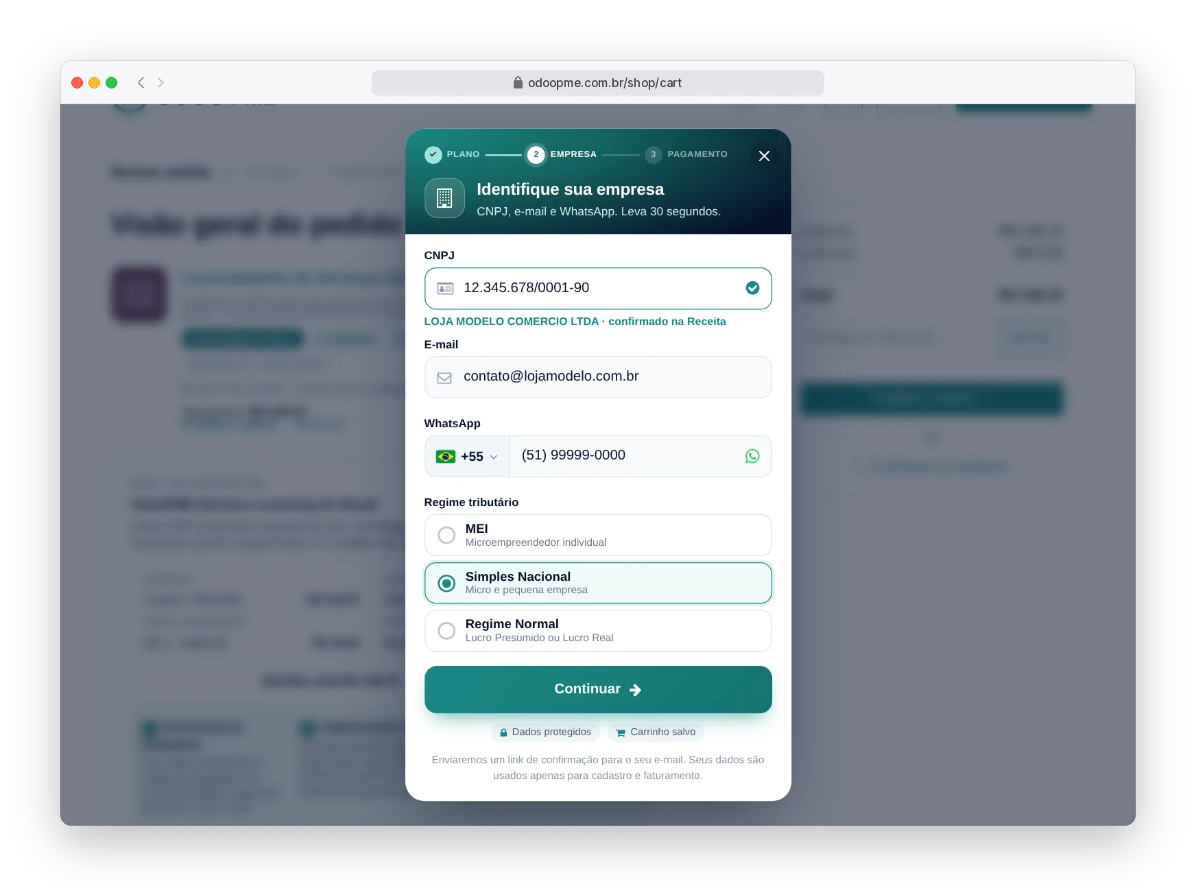 Janela de cadastro rápido do Odoo90 pedindo CNPJ, e-mail e regime tributário com as opções MEI, Simples Nacional e Regime Normal