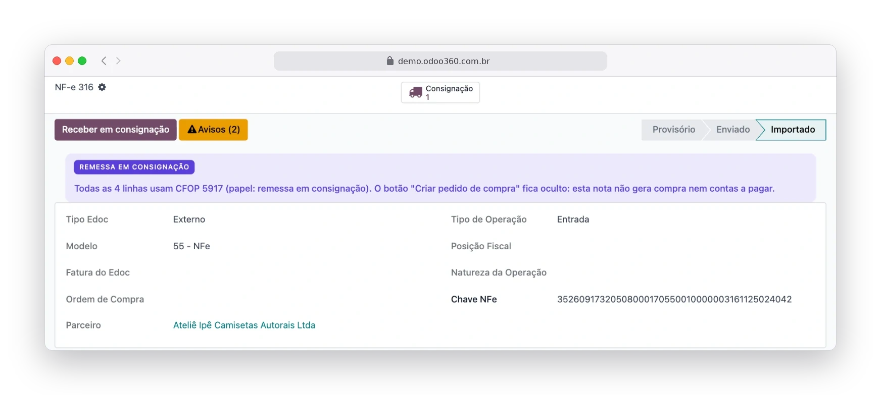 NF-e de remessa em consignação reconhecida pelo CFOP 5917, sem gerar compra