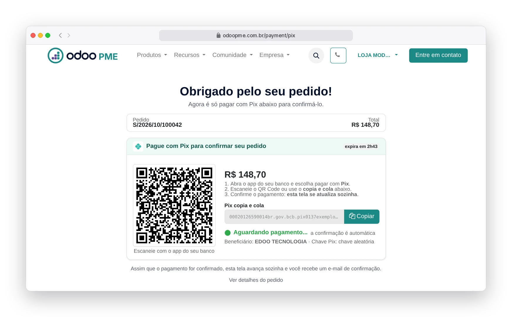 Tela do Pix gerado no Odoo90 com QR Code, valor, código copia e cola e status aguardando pagamento