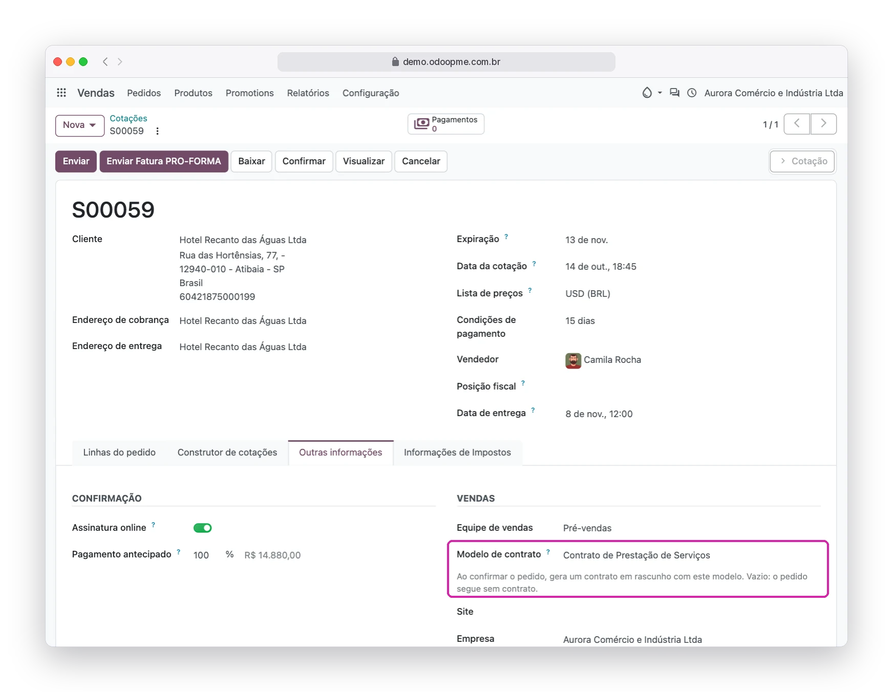 Pedido de venda do Odoo90 com o campo Modelo de contrato na aba Outras informações
